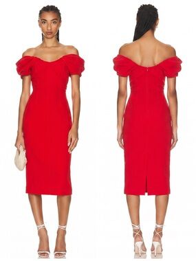 A.L.C. Nora Off-Shoulder Red Puff-Sleeve Fitted Midi Dress NWOT $595